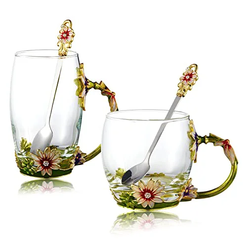 User-Friendly Glass Fancy Tea Cup Set Birthday Christmas Valentine's Day Gift Idea for Tea Lover and Women Novelty Coffee Mugs Rose Flower Enamel Glass Mug with Spoon Set 34.99 Count Practical