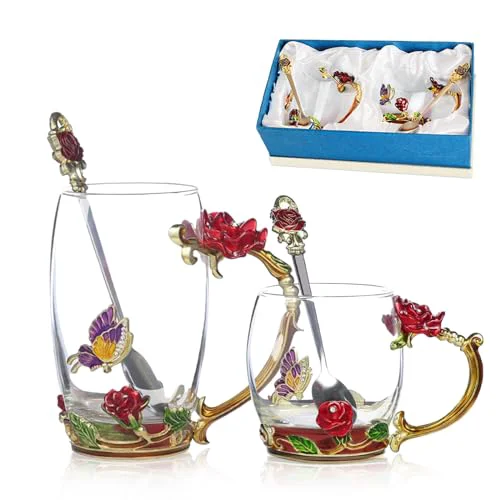 First-Class Glass Fancy Tea Cup Set Birthday Christmas Valentine's Day Gift Idea for Tea Lover and Women Novelty Coffee Mugs Rose Flower Enamel Glass Mug with Spoon 2 Count Trusted