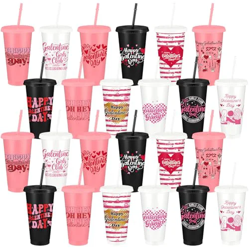 Breathable 24 Pcs Galentines Gang Cups Bulk 24oz Plastic Reusable Galentines Day Tumbler with Lids and Straws Heart Valentine's Day Gifts Party Favors Supplies Decorations for Women Girls Friendship 24 Count Pure