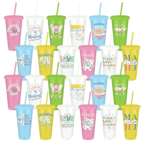Expertly Made 24 Pcs Mahjong Plastic Cups with Lids and Straws 24 oz Funny Mah Jong Tumbler Gifts Reusable Coffee Cups for Mahjong Lover Family Play Day Decorations Accessories Game Night Party Supplies 24 Count Secure