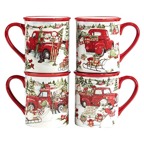 Lightweight Red Truck Snowman Set of 4 Ceramic Mugs 4 Count Smart