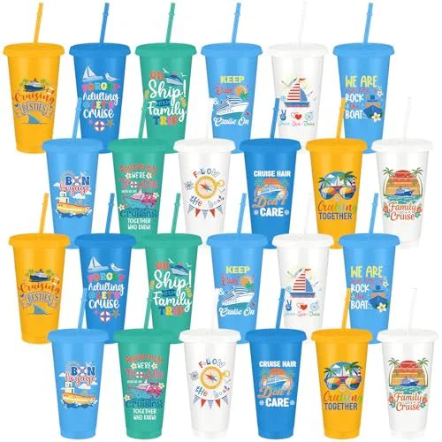 Practical 24 Pcs Cruise Tumbler with Straw and Lid Bulk 24oz Funny Nautical Gifts Reusable Iced Coffee Plastic Beverage Cups for Sailor Party Bachelorette Carnival Party Supplies 24 Count Safe