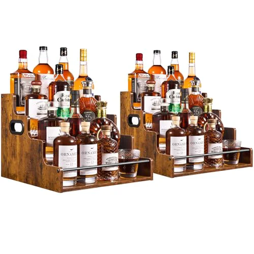 Flexible 2-Pack 4-Tier Liquor Bottle Display Shelf 16-Inch Rustic Brown 2 Count Fashionable