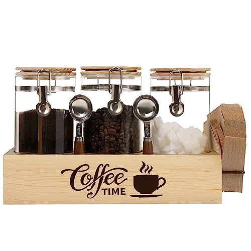 Comfortable Glass Coffee Canister Set with Shelf Spoons Artisan