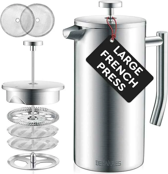 Innovative Belwares French Press Coffee Maker 50 oz - Large 304 Stainless Steel Double Wall Insulated Thermal Coffee Press for Home Kitchen 4-Level Filtration with Extra Screens Dishwasher Safe 1.5L Silver Casual