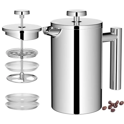 Fine Crafted 21 oz Stainless Steel French Press 600ML Coffee Press with 3 Level Filtration System Safe