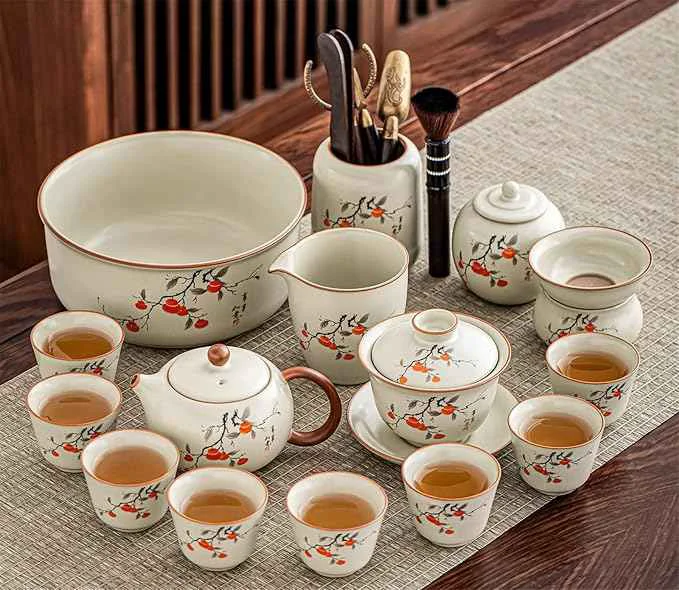 Refined Ru Kiln Persimmon Pattern Tea Set Teapot Gaiwan and Cups-suit11 Fine Crafted