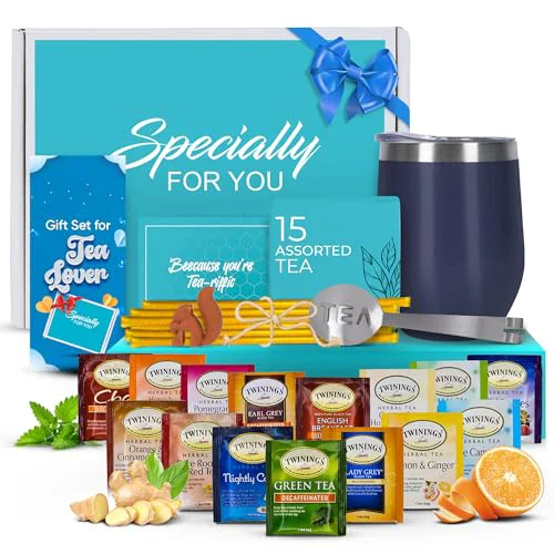 Verified Tea Gift Sets for Tea Lovers Women and Men Tumbler 15 Unique Teas 10 Honey Straws 28 Count Proven