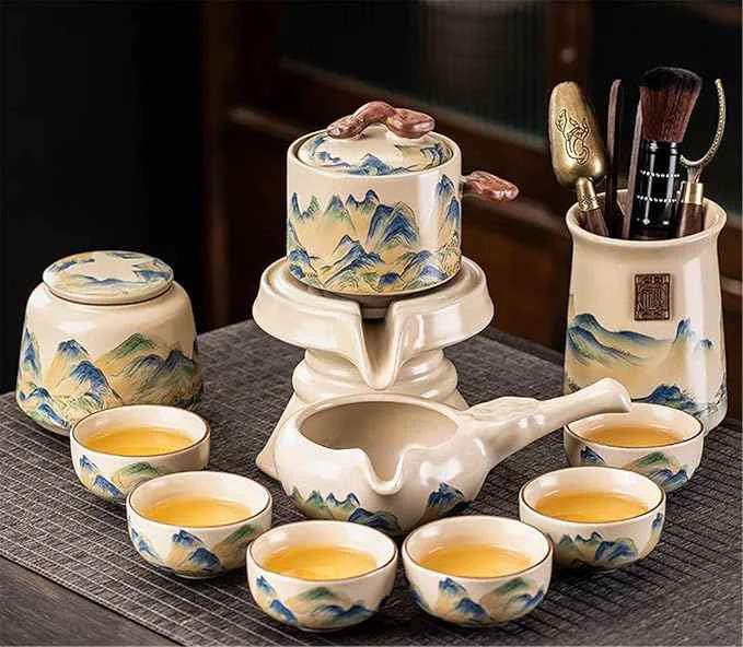 Pure Ru Kiln Automatic Gongfu Tea Set Rotating Pouring Teapot-suit4 Soft