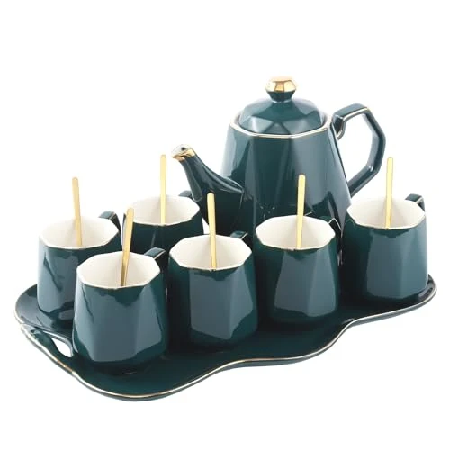 Premium Material 14 pcs Tea Set of 6 with Tray Spoons 6 Count Natural