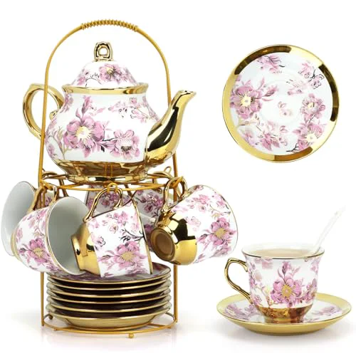 Outstanding 20 Pcs Porcelain Tea Set With Metal Holder User-Friendly