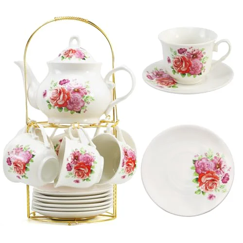 Advanced 20 Pieces Tea Set For Adult with Golden Metal Rack High-End