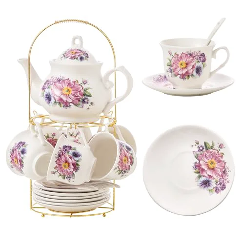 Quality 20 Pieces Tea Set For Adult with Golden Metal Rack High-Performance