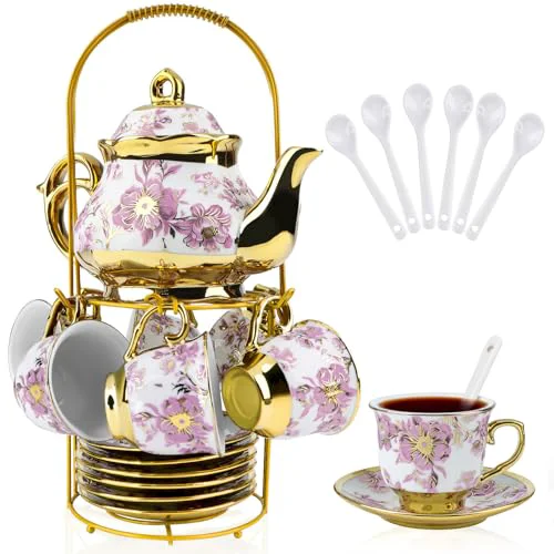 Versatile 20 Pcs Porcelain Tea Set with Metal Holder 20 Count Top-Quality