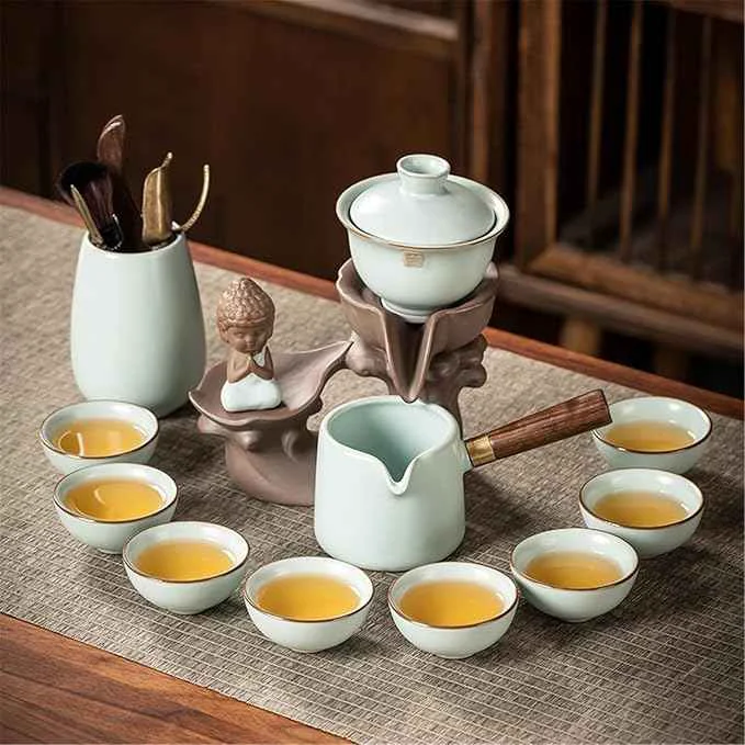 Smooth Ceramic Ge Kiln Automatic Tea Set Easy Brewing Teapot and Cups-suit17 World-Class