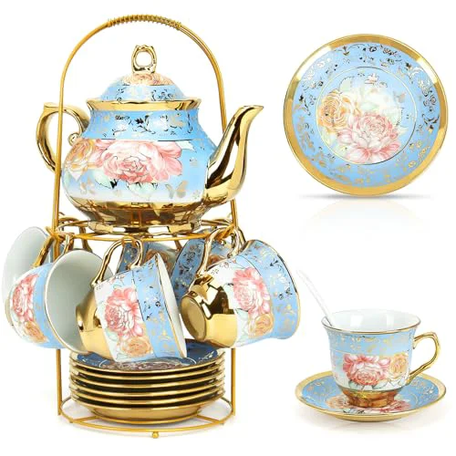 Pure 20 Pcs Porcelain Tea Set with Metal Holder 20 Count Verified