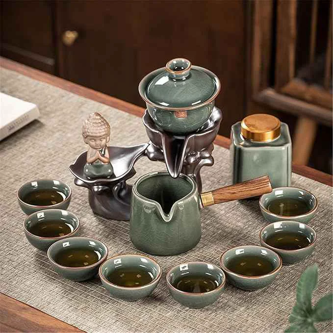 Smooth Ceramic Ge Kiln Automatic Tea Set Easy Brewing Teapot and Cups-suit5 Smart