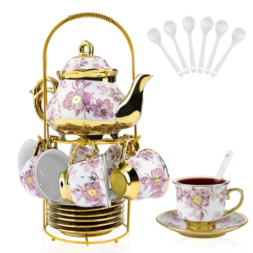 Fine Crafted 20 Pcs Porcelain Tea Set with Metal Holder 20 Count Exclusive