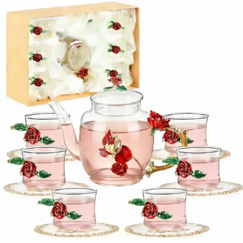 User-Friendly 13 Pcs Glass Tea Set Rose Floral Vintage Teapot and Cups Certified