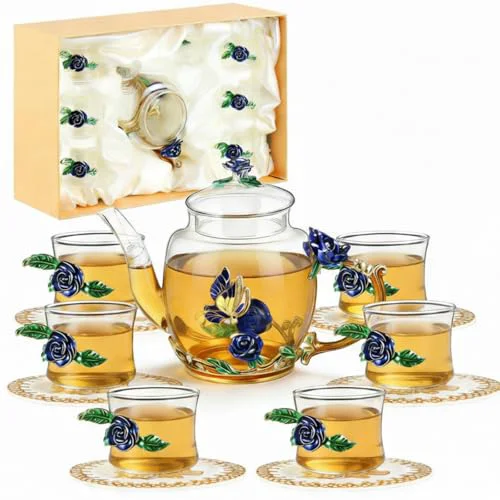 Functional 13 Pcs Glass Tea Set Rose Floral Vintage Teapot and Cups Traditional