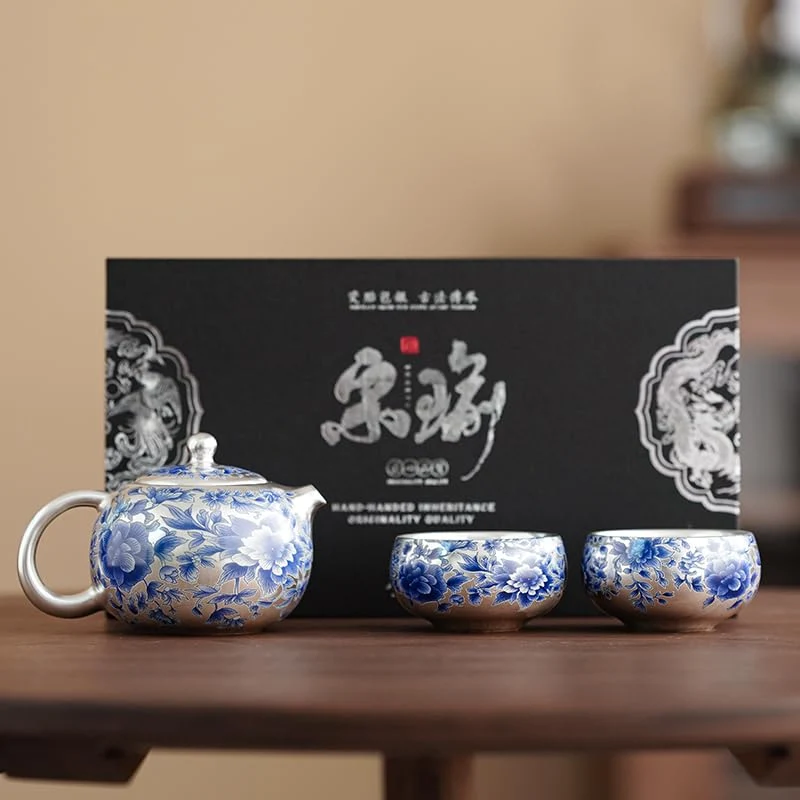 Professional One Silver Plated Teapot with Two Cups and Four Cups Blue Luxury