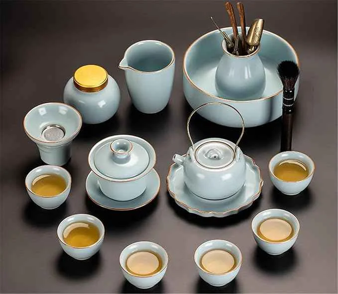 Green Sky Blue Ru Kiln Gongfu Tea Set Ceramic Teapot and Gaiwan-suit13 Elite