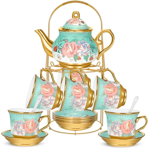 Verified 20 Pcs Adult Tea Party Set Porcelain with Metal Holder Authentic
