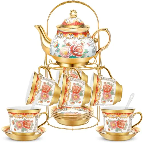 Clean 20 Pcs Adult Tea Party Set Porcelain with Metal Holder Green