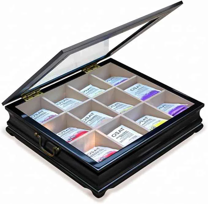 First-Class Tea Chest 12 Compartments Tea Bag Large Storage Box with Beveled Glass Lid Environmentally Friendly