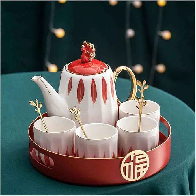 Crafted Iced Tea Pitchers Ceramic Luxury Tea Set Household Flower Tea Pot Water Kettle Cup Set Teaware 1 Teapot 4 Cups with Tray for Wedding Gift for Home Kitchen coffee cup Trendy
