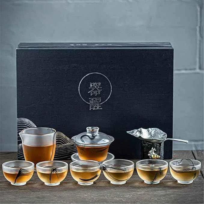 Luxury Glass Tea Set with Large Gaiwan and White Porcelain Teapot-suit1 Selected