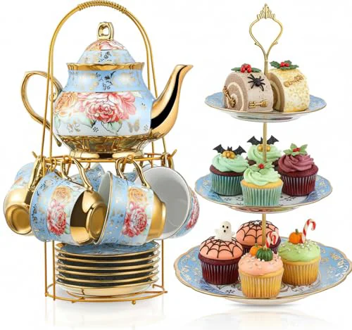 Trusted 21 Pcs Porcelain Tea Set for Women Tea Party with Metal Holder and 3 Tier Cake Stand Ceramic European Floral Teapot Set for Adults Mother's Day Christmas Thoughtful Gift Recyclable