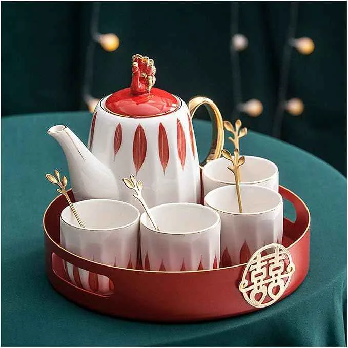 Smart Iced Tea Pitchers Ceramic Luxury Tea Set Household Flower Tea Pot Water Kettle Cup Set Teaware 1 Teapot 4 Cups with Tray for Wedding Gift for Home Kitchen coffee cup Genuine