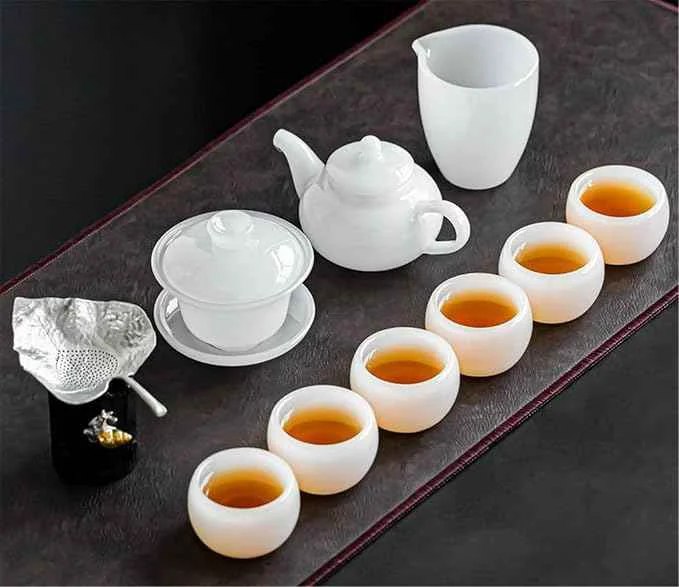 Solid Glass Tea Set with Large Gaiwan and White Porcelain Teapot-suit6 Quality