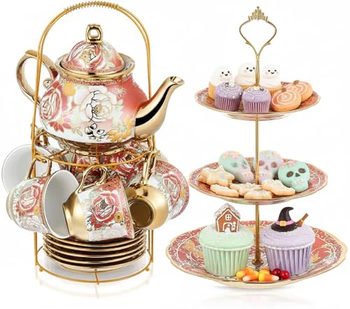 Traditional 21 Pcs Porcelain Tea Set for Women Tea Party with Metal Holder and 3 Tier Cake Stand Ceramic European Floral Teapot Set for Adults Mother's Day Christmas Thoughtful Gift Artisan