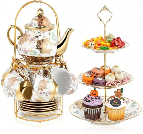 Original 21 Pcs Porcelain Tea Set for Women Tea Party with Metal Holder and 3 Tier Cake Stand Ceramic European Floral Teapot Set for Adults Mother's Day Christmas Thoughtful Gift Responsible