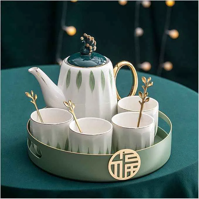 Verified Iced Tea Pitchers Ceramic Luxury Tea Set Household Flower Tea Pot Water Kettle Cup Set Teaware 1 Teapot 4 Cups with Tray for Wedding Gift for Home Kitchen coffee cup Authentic