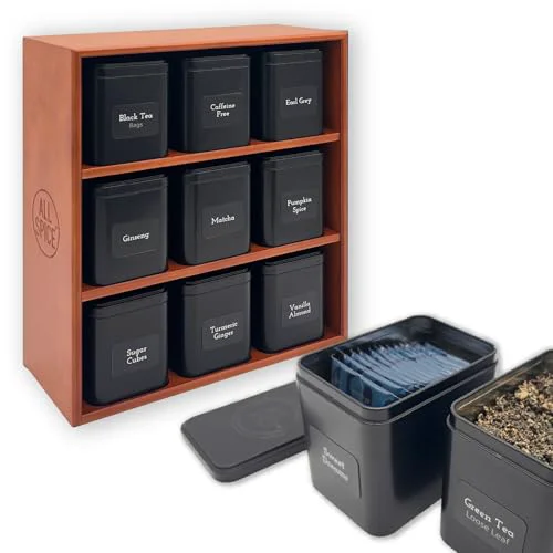 Premium Material Tea Organizer Rack with 9 Tins 160 Magnetic Labels Consistent