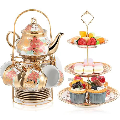 Secure 21 Pcs Porcelain Tea Set for Women Tea Party with Metal Holder and 3 Tier Cake Stand Ceramic European Floral Teapot Set for Adults Mother's Day Christmas Thoughtful Gift Premium Material