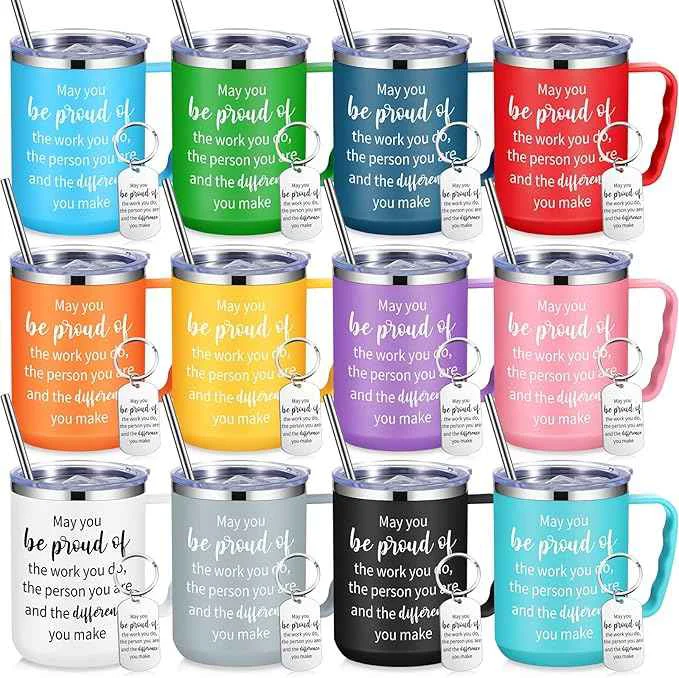 Fashionable 12 Sets Employee Appreciation Coffee Mug Gift 17oz Insulated Stainless Steel Tumbler with Handle and Keychains Thank You Gift for Coworkers Teacher Elite