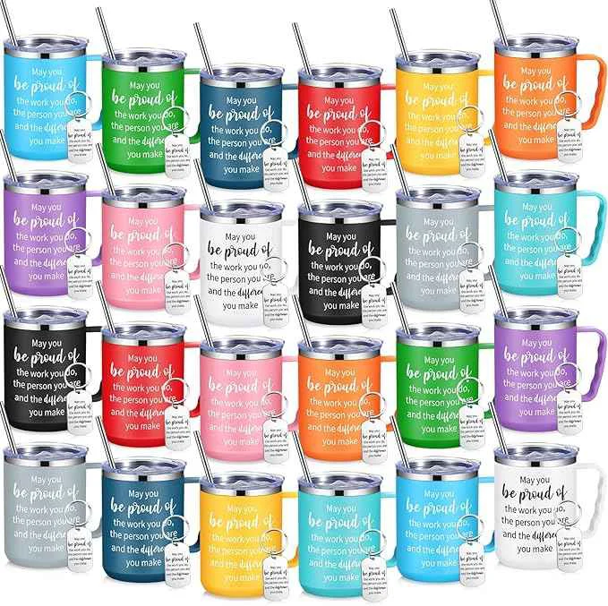 Fast 24 Sets Employee Appreciation Coffee Mug Gift 17oz Insulated Stainless Steel Tumbler with Handle and Keychains Thank You Gift for Coworkers Teacher Smooth