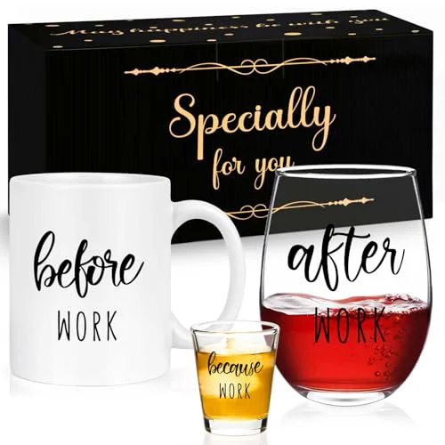 Optimized Before Work After Work Gift Set 11oz Coffee Mug 17oz Stemless Wine Glass 2oz Shot Glass Set for Boss Coworker Manger Leader Employee Unique