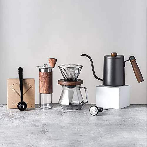 Outstanding Pour Over Coffee Maker Set Coffee Kettle Scale Server Dripping Cup Bean Grinder Filter Paper Ceramic Cup All in 1 Great for Traveling Camping Excellent Coffee Gift Convenient