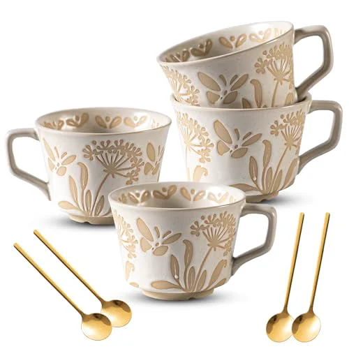 Comfortable Coffee Mugs Set of 4 with Gold Spoon Flexible