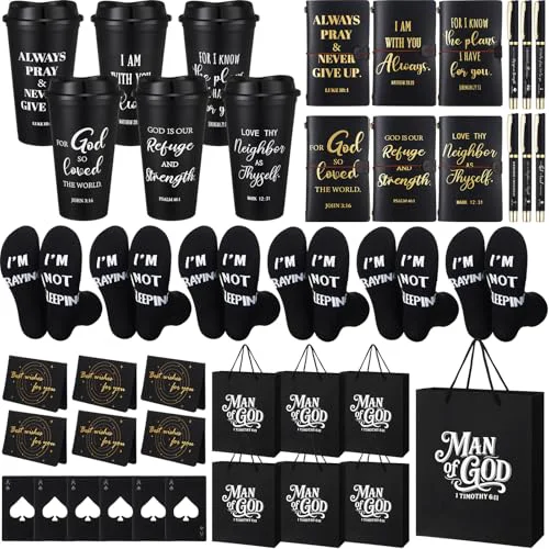 Easy-to-Use 42 Pcs 6 Sets Christian Gifts for Men 16oz Reusable Religious Bible Coffee Cups with Lid Black Leather Notebook Socks Pen Card Man of God Bag Pastor Appreciation Gift with Bottle Opener 42 Count Quality
