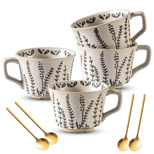 Dependable Ceramic Latte Mug Set of 4 with Gold Spoon 4 Count Practical
