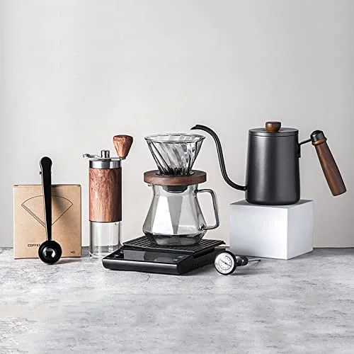 Stylish Pour Over Coffee Maker Set Coffee Kettle Scale Server Dripping Cup Bean Grinder Filter Paper Ceramic Cup All in 1 Great for Traveling Camping Excellent Coffee Gift User-Friendly