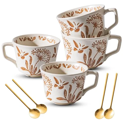 Natural Ceramic Mugs 11 oz Unique Luxurious Cups Set of 4 with Premium Spoon Healthy