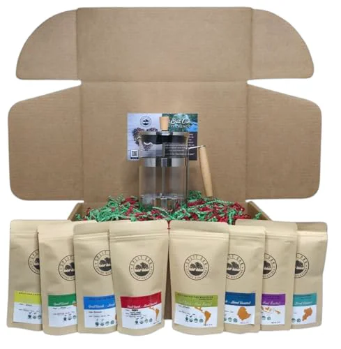 Casual Coffee Gift Box Set 8 Assorted Coffees 2oz plus1 French Press Glass Coffee Maker. coffees from all over the world. 20 Ounce Clean