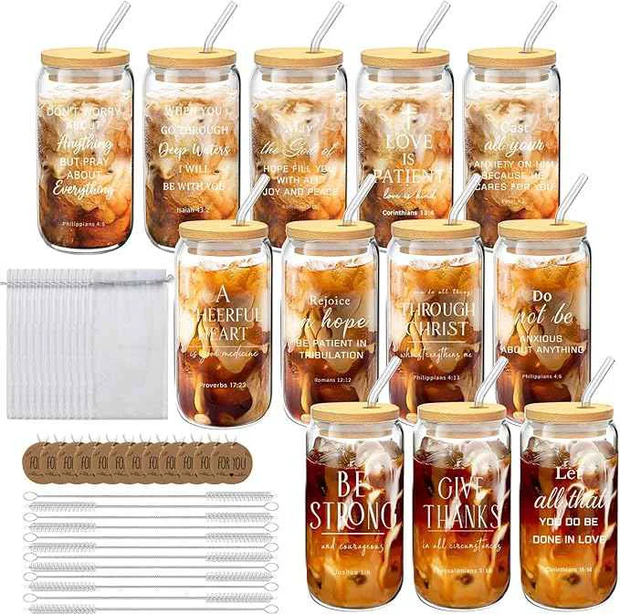 Authentic 12 Pcs Christian Gift Bulk Glass Cups with Bamboo Lids and Straws 16 oz Coffee Cup Christian Gifts Expertly Made